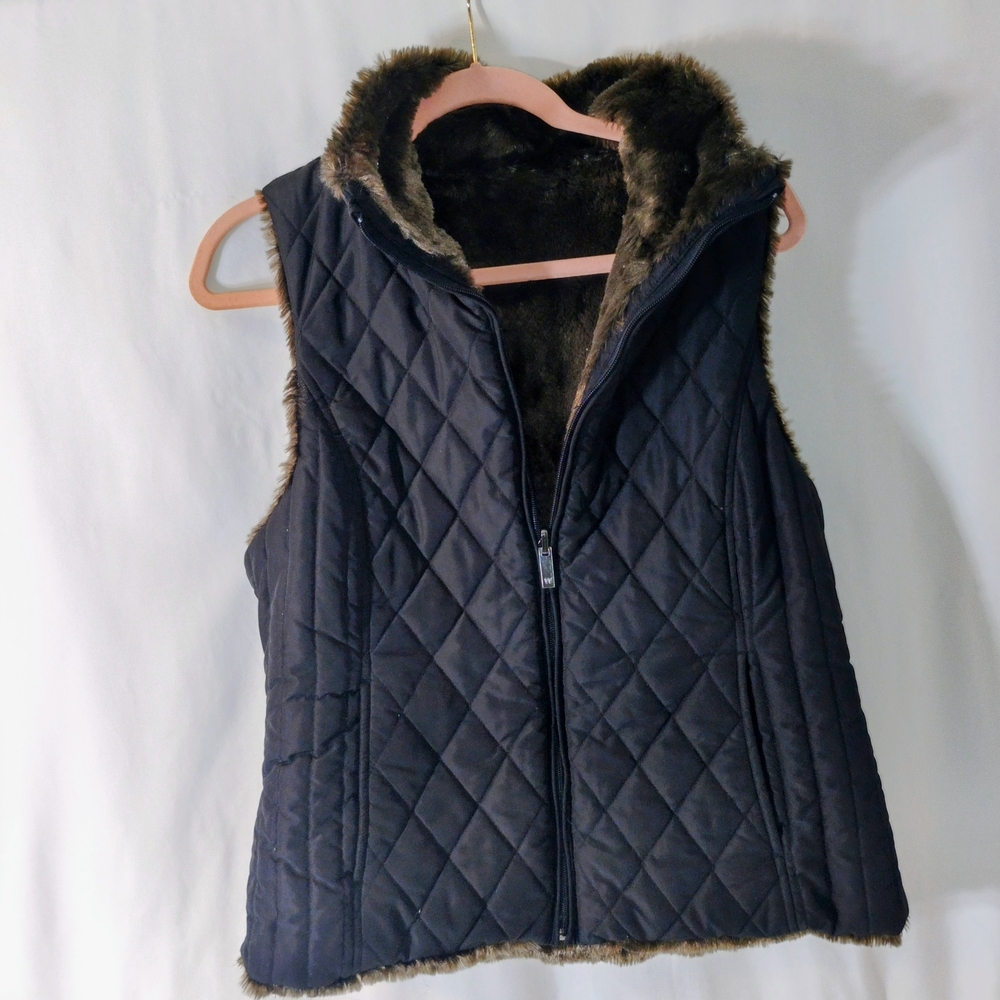 Weatherproof Quilted Reversible Vest with Faux Fur Lining